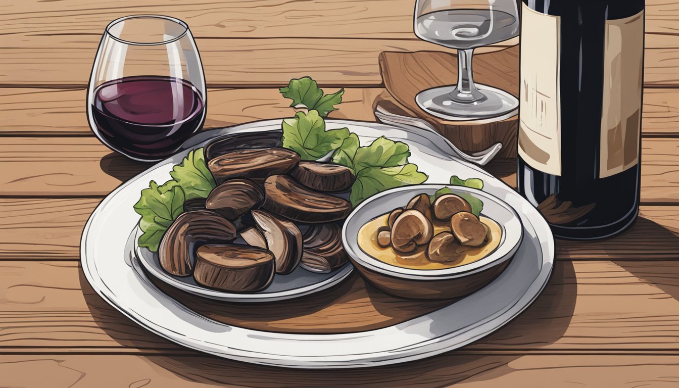 A bottle of red wine next to a plate of grilled portobello mushrooms on a wooden table. A wine glass is filled with the rich, earthy liquid