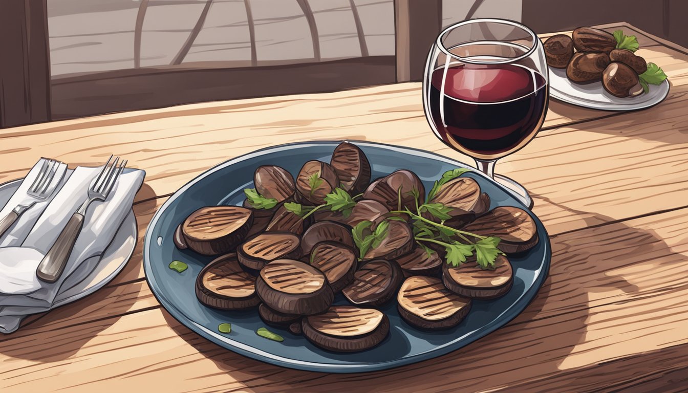 A glass of red wine beside a plate of grilled portobello mushrooms on a wooden table