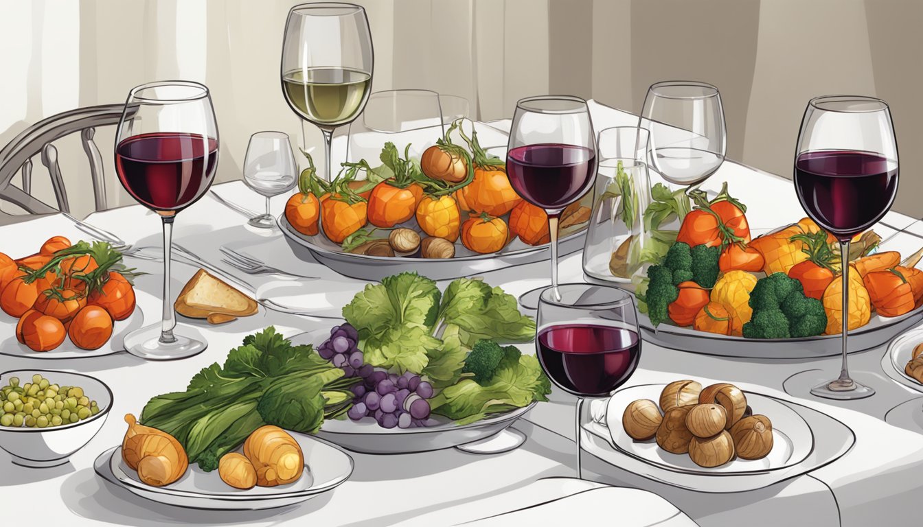 A table set with a variety of roasted vegetables alongside glasses of red and white wine