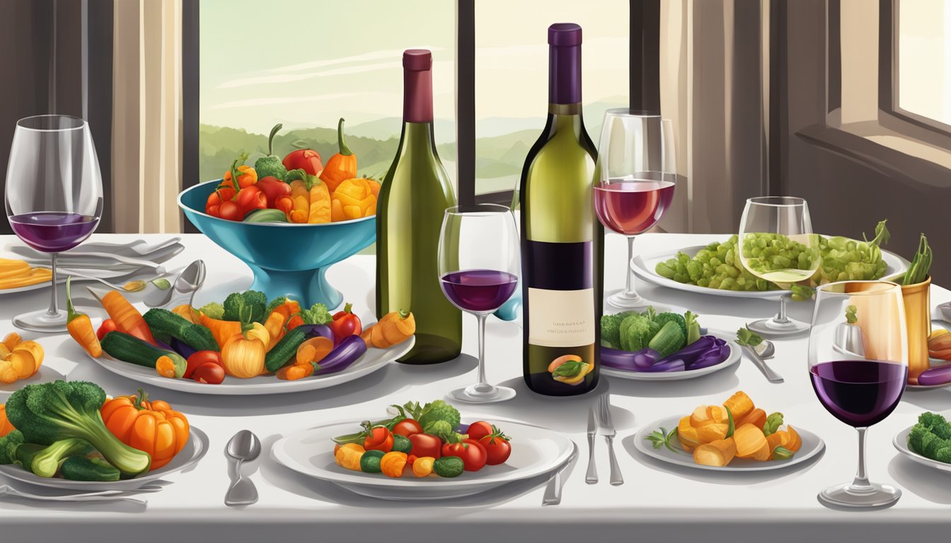 A table set with a variety of colorful roasted vegetables, surrounded by bottles of wine and elegant glassware