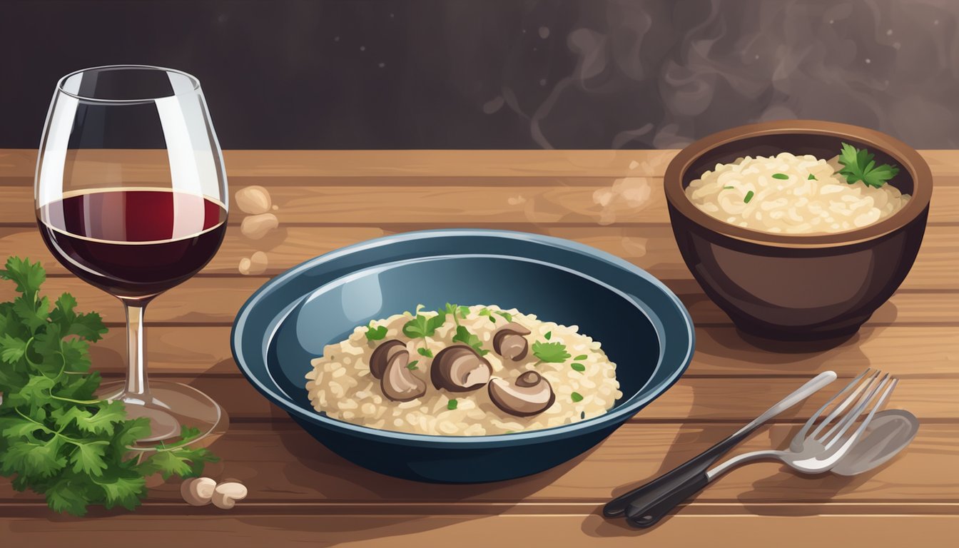 A steaming bowl of mushroom risotto sits next to a glass of red wine on a rustic wooden table. The rich aroma of the dish fills the cozy kitchen