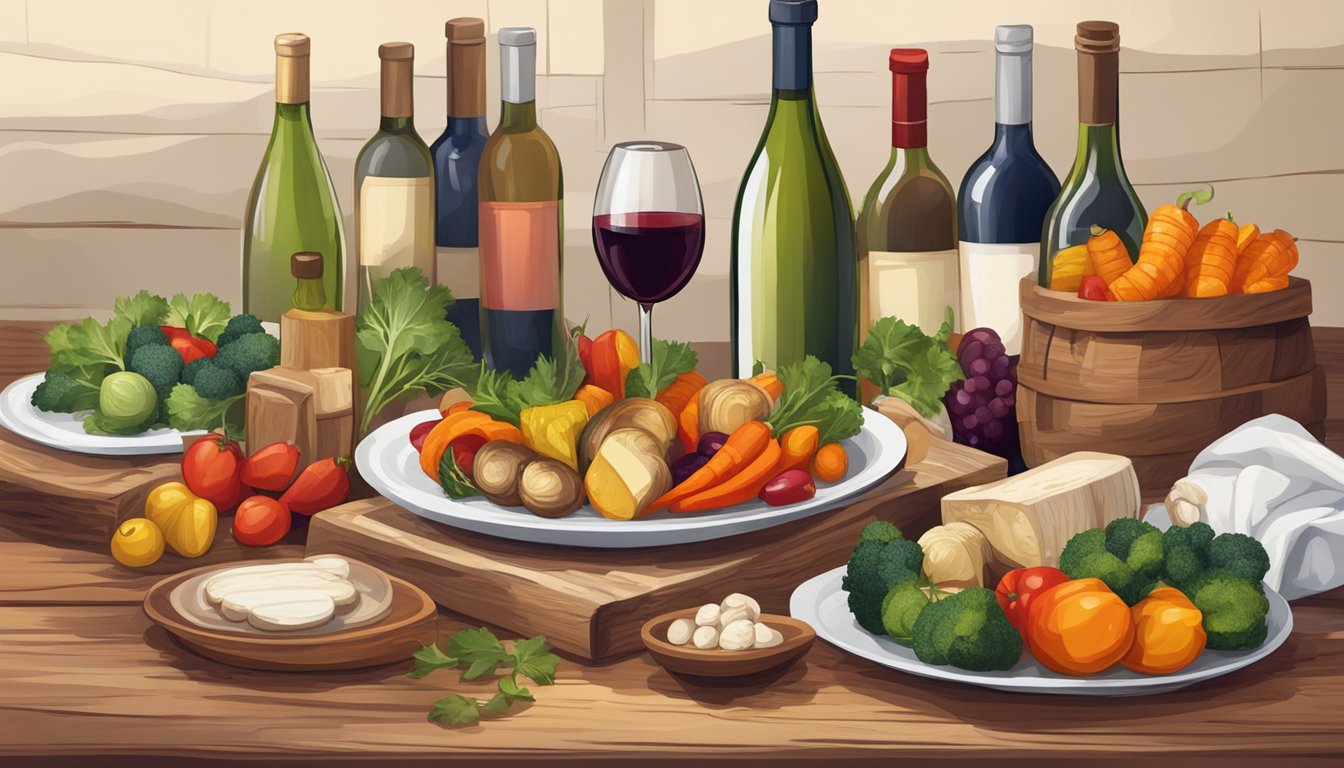 A rustic wooden table set with a variety of colorful roasted vegetables, surrounded by bottles of red and white wine