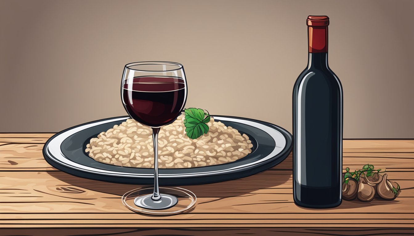 A glass of red wine next to a steaming plate of mushroom risotto on a rustic wooden table