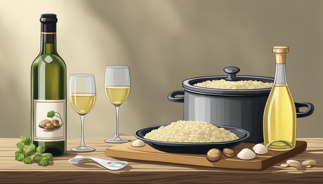 A bottle of white wine next to a steaming pot of mushroom risotto on a rustic wooden table