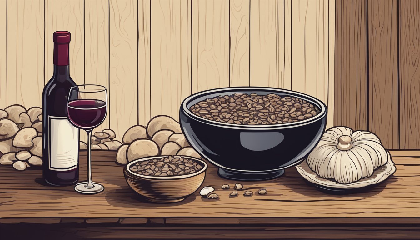 A bottle of red wine next to a steaming bowl of mushroom risotto on a rustic wooden table