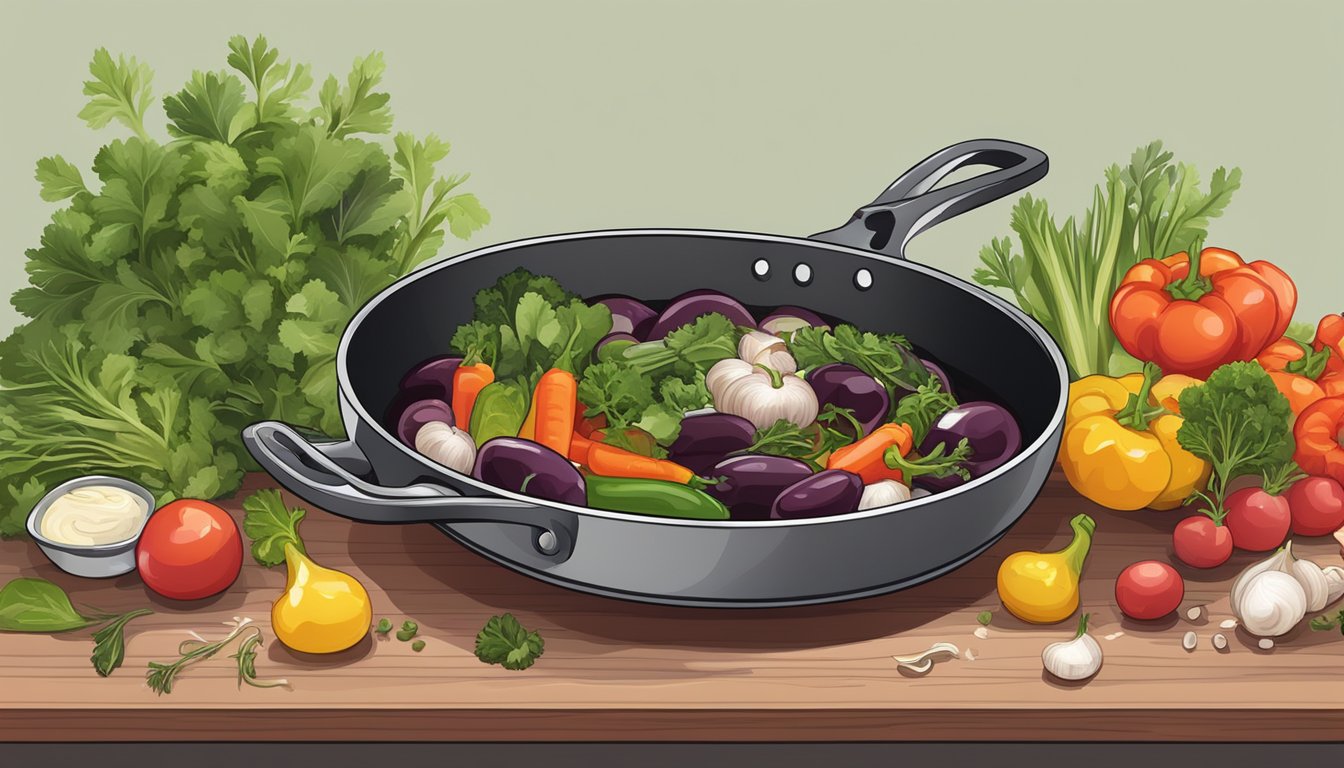 A bottle of red wine next to a sizzling sauté pan with assorted vegetables and herbs