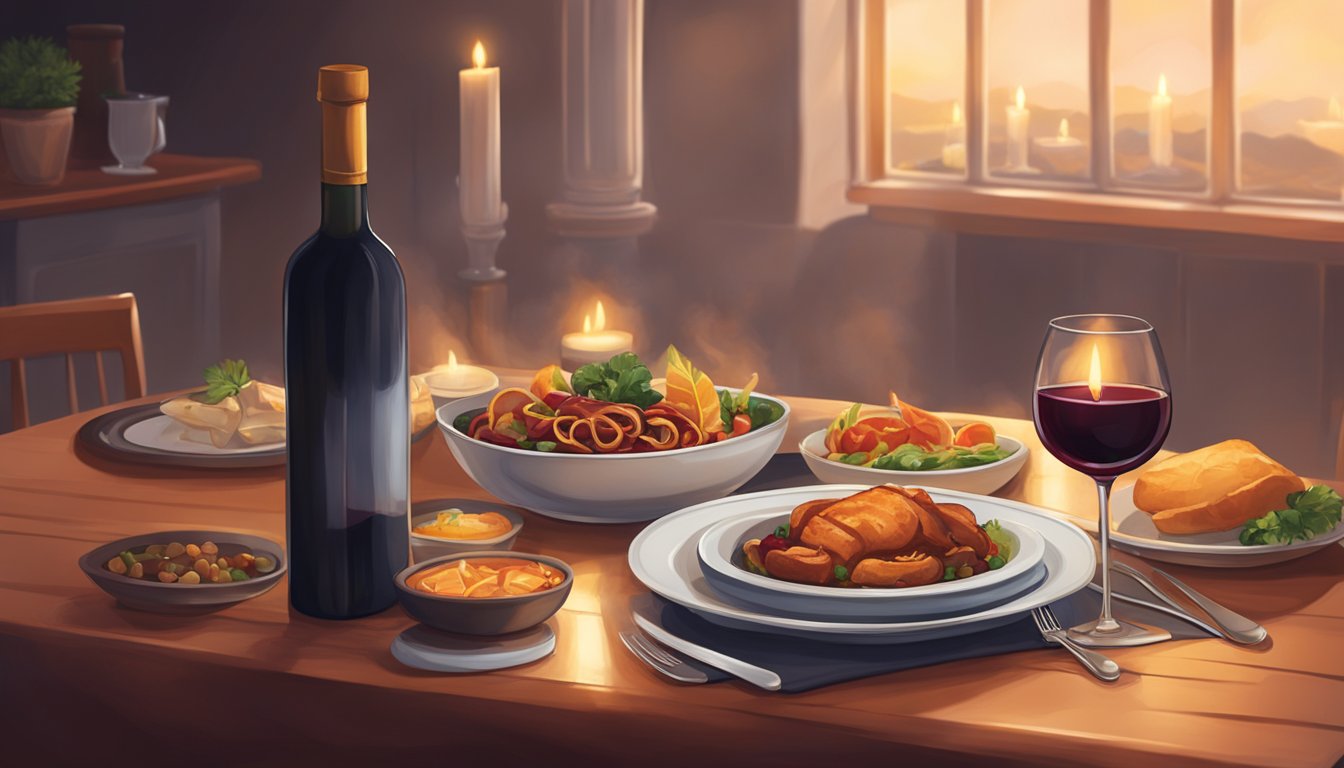 A table set with a steaming sautéed dish and a bottle of red wine, surrounded by soft candlelight and a cozy ambiance