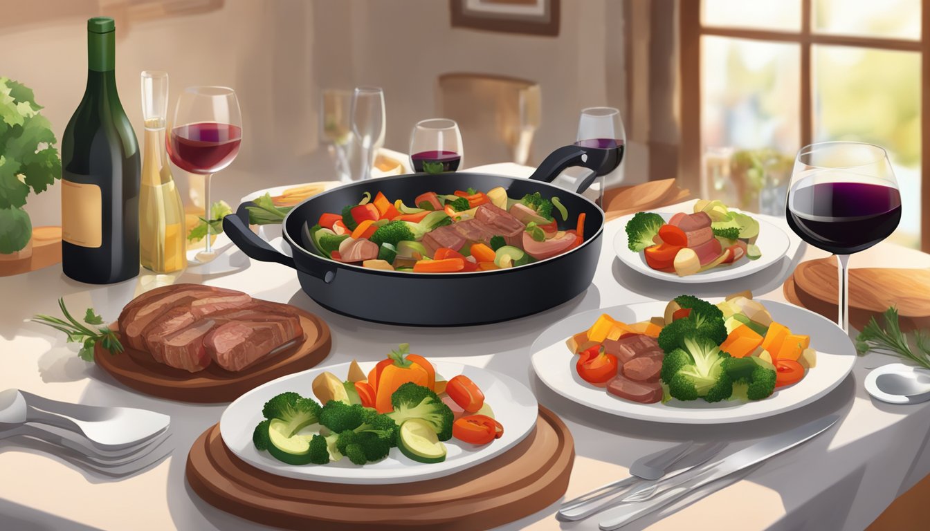 A sizzling pan of sautéed vegetables and meats, surrounded by a selection of fine wine bottles and glasses on a beautifully set dining table