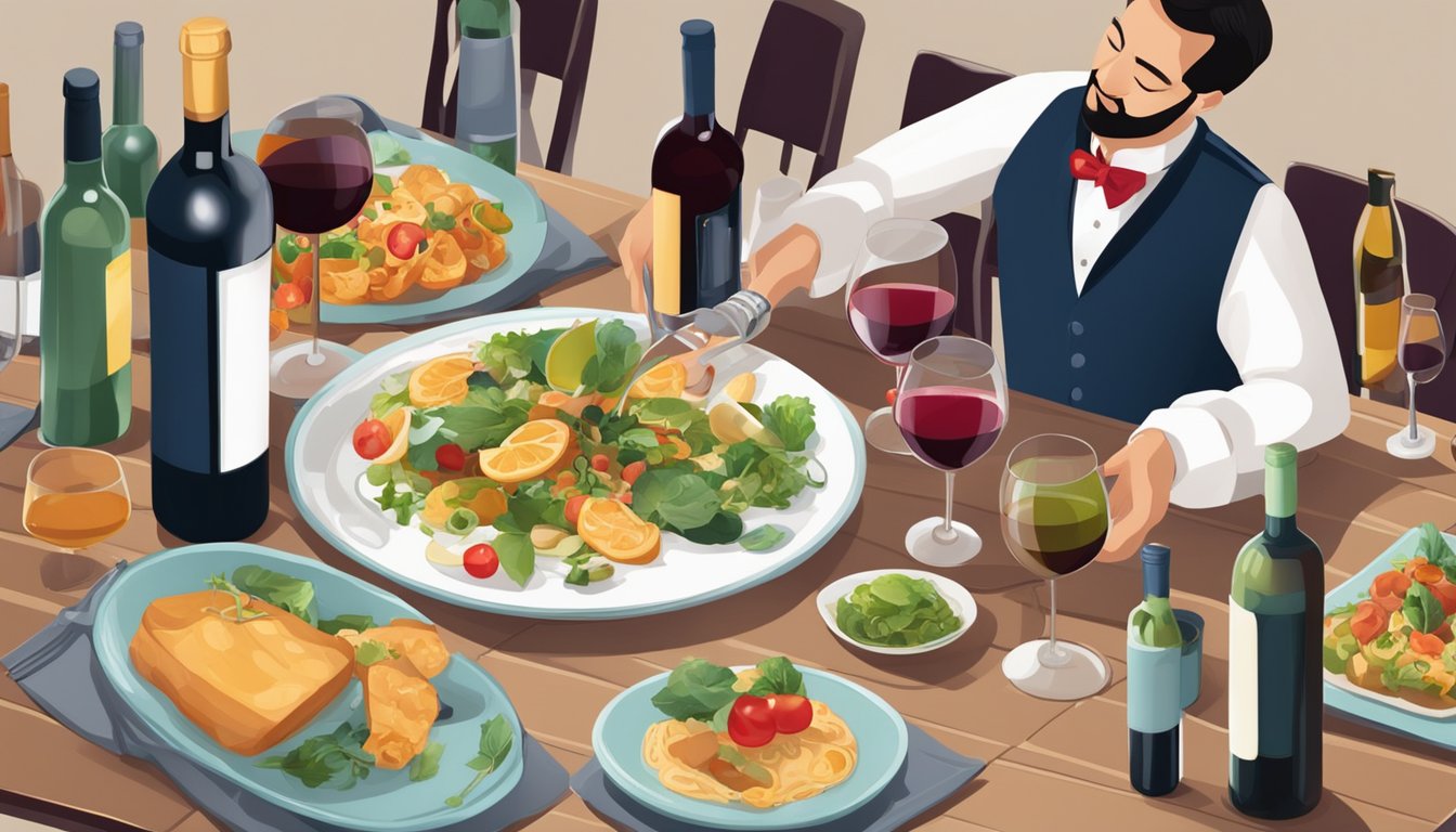 A table set with various sautéed ingredients, surrounded by different wine bottles and glasses, with a sommelier pouring wine into a glass