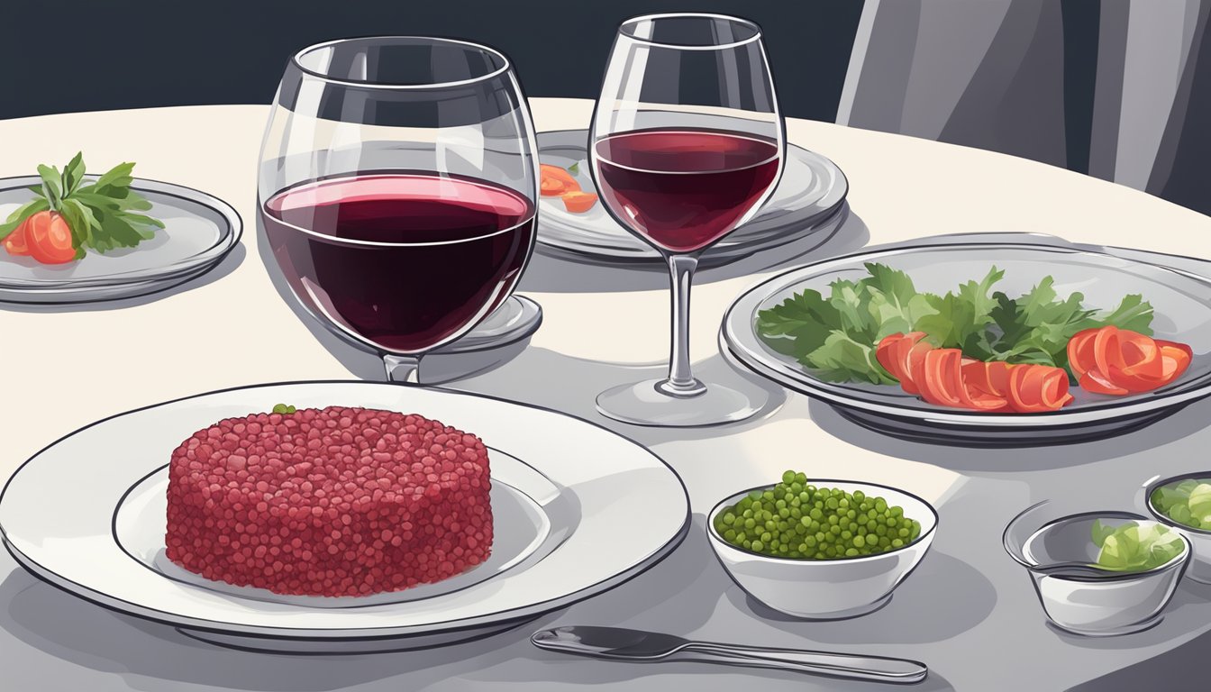 A glass of red wine next to a plate of beef tartare with accompanying garnishes