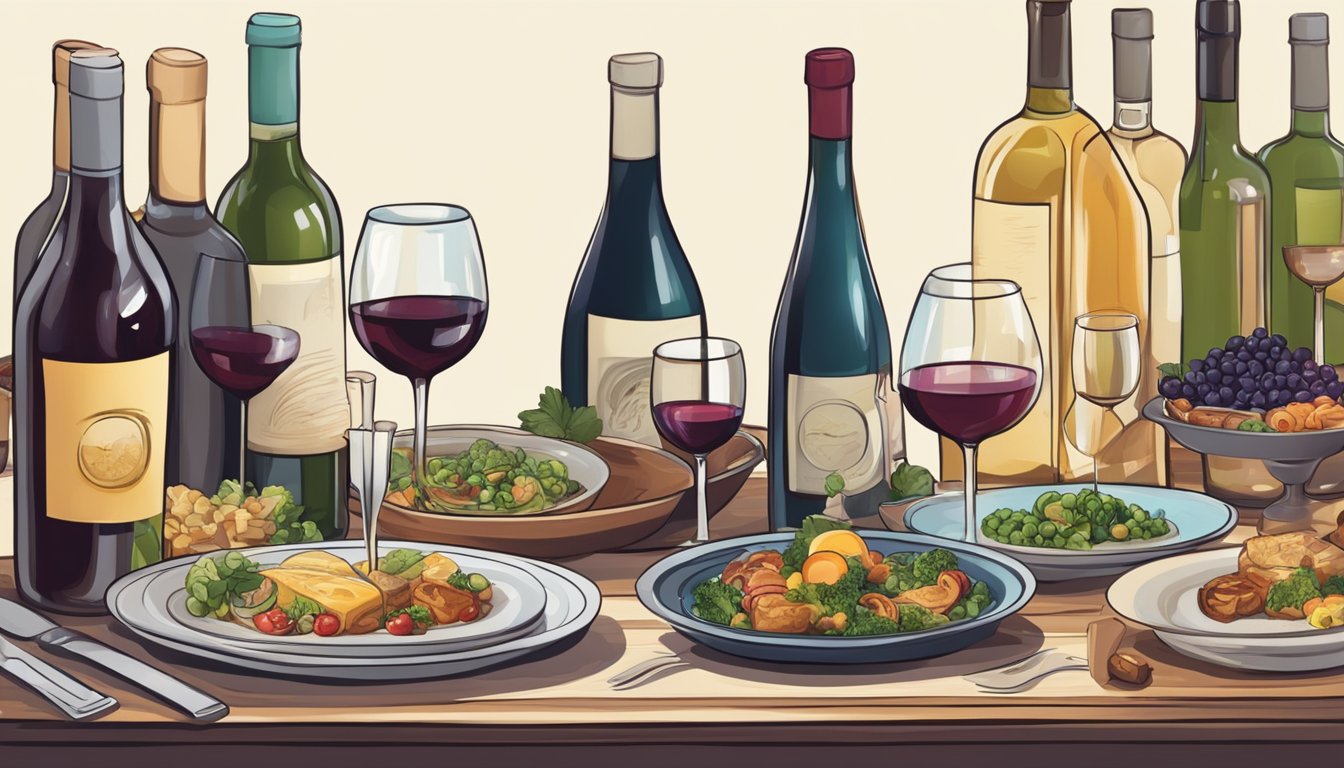 A table set with various sautéed dishes and different bottles of wine, with someone pouring a glass to experiment and find the best pairing