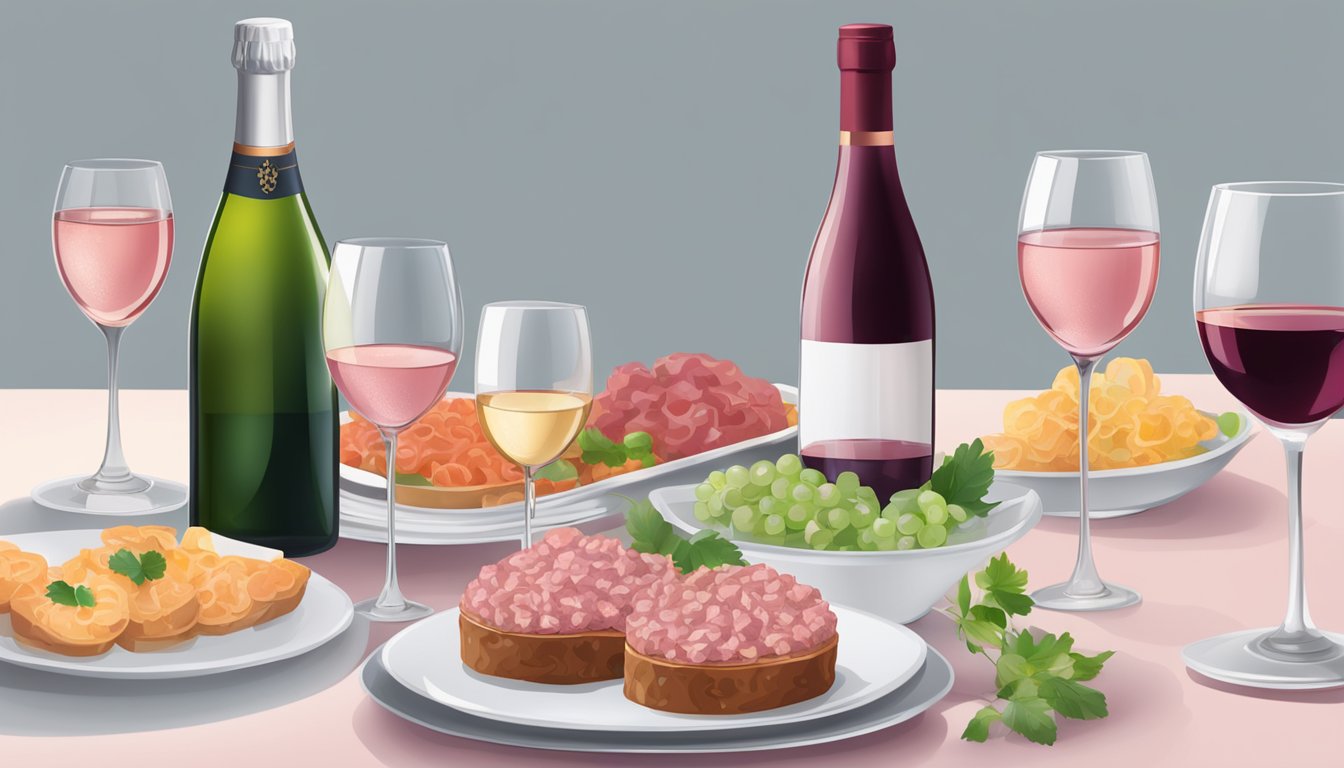 A table set with a variety of wine glasses, a plate of beef tartare, and bottles of white, rosé, and sparkling wine