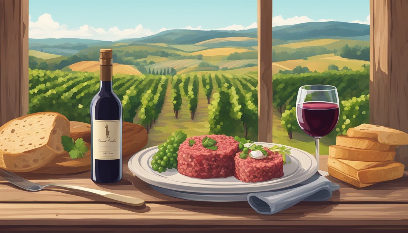 A rustic wooden table set with a plate of beef tartare and a bottle of unique regional wine, surrounded by vineyard views