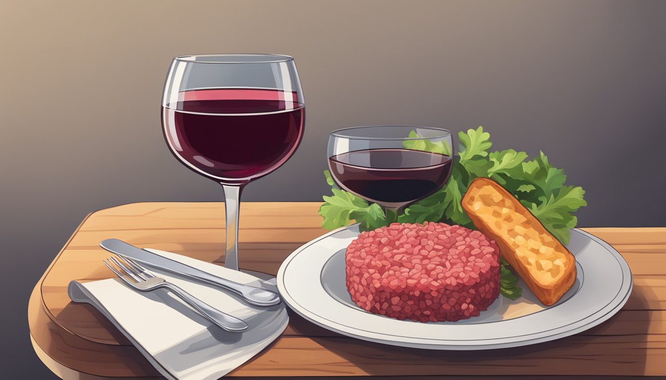 A glass of red wine next to a plate of beef tartare on a wooden table