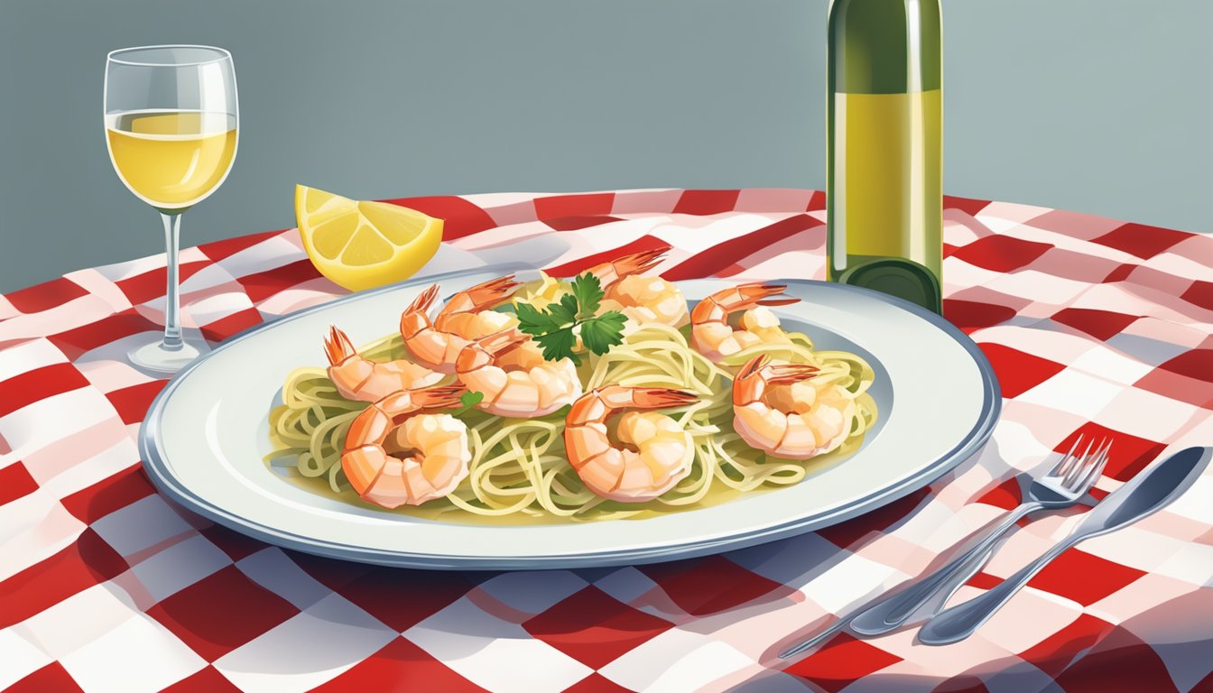 A plate of shrimp scampi with a glass of white wine on a checkered tablecloth