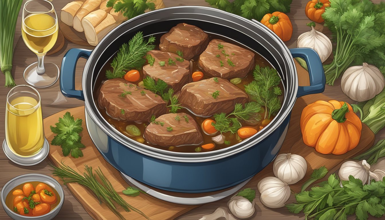 A pot of braised meat simmering with white wine, surrounded by fresh herbs and aromatic vegetables