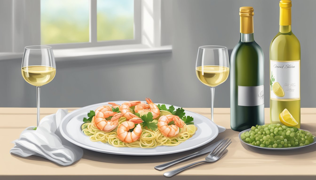 A table set with a steaming plate of shrimp scampi beside a bottle of white wine and a wine glass