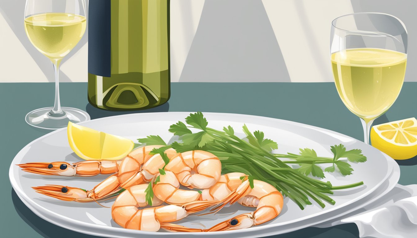 A glass of white wine next to a plate of shrimp scampi with a lemon wedge