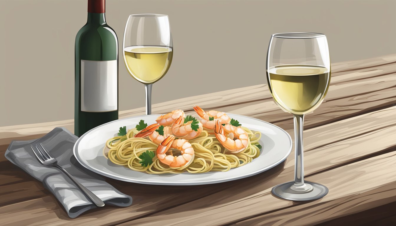 A table set with a plate of shrimp scampi, a glass of white wine, and a bottle of wine on a rustic table