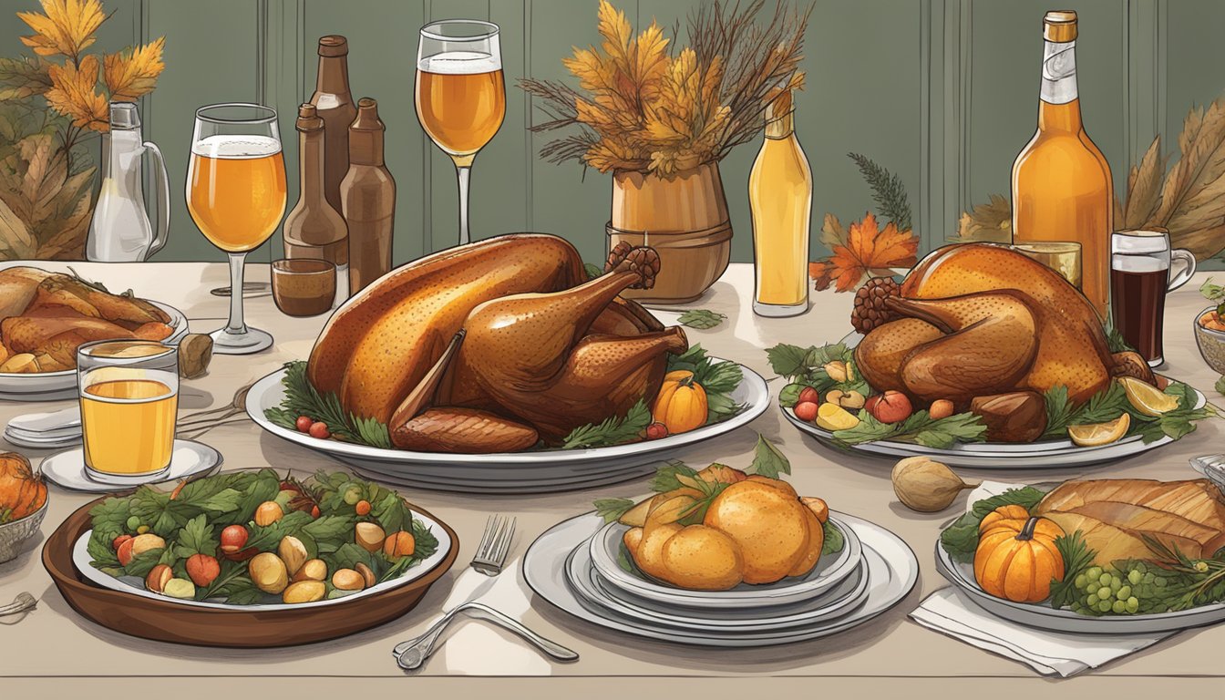 A festive Thanksgiving table with a variety of alternative beverages, including sparkling cider, craft beer, and herbal tea, alongside a roasted turkey