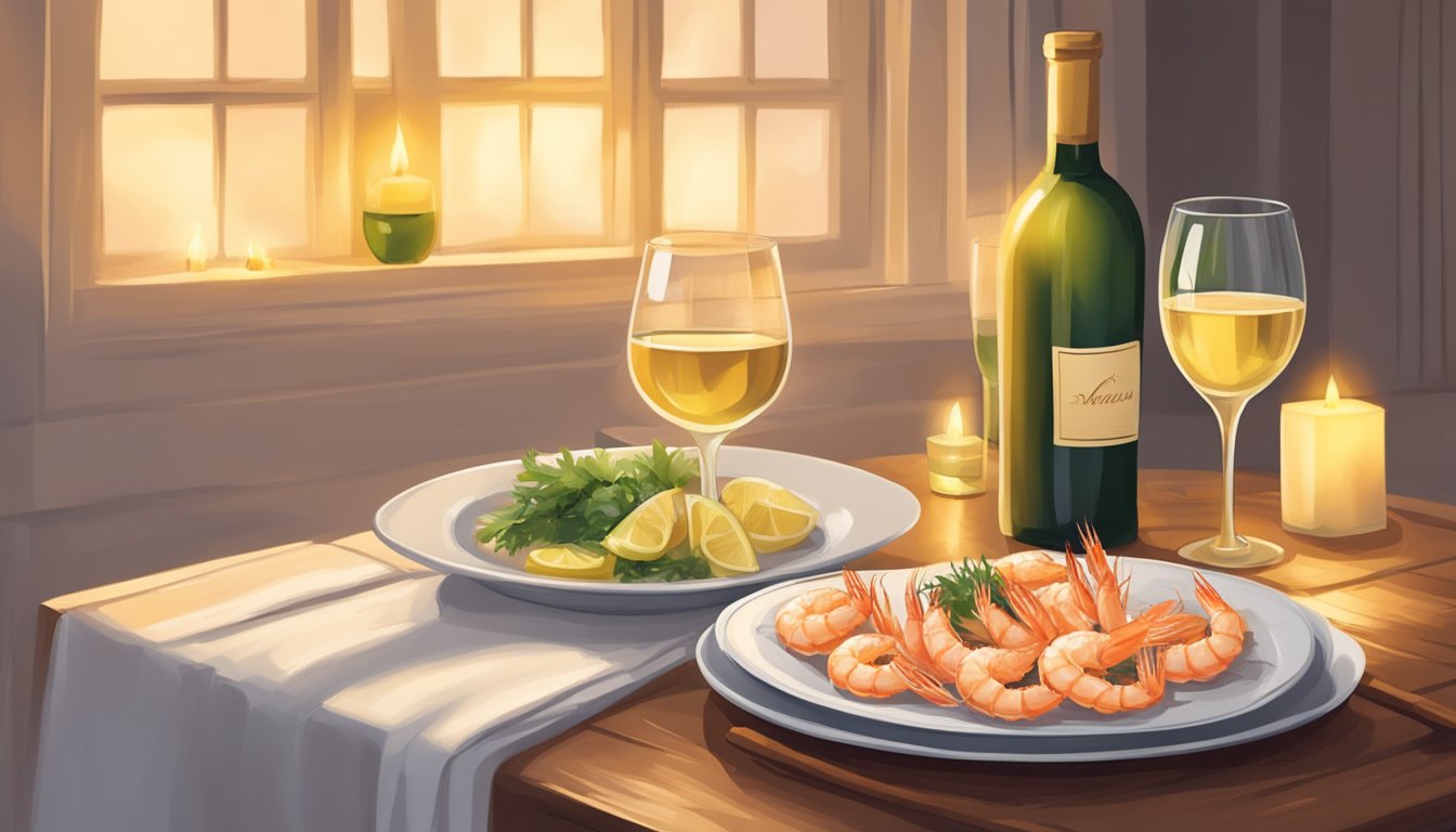 A table set with a steaming plate of shrimp scampi and a bottle of white wine, surrounded by soft candlelight and a cozy ambiance