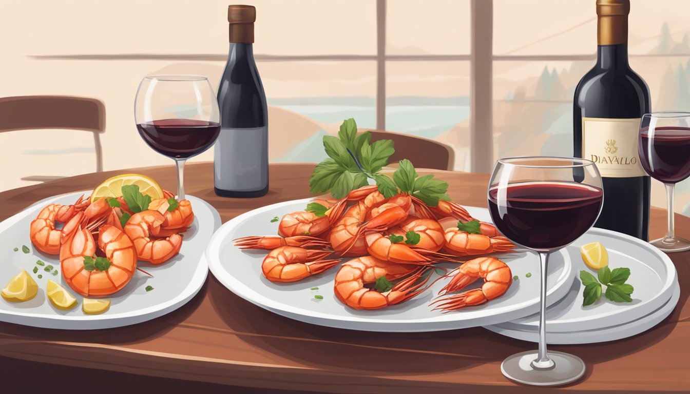 A table set with a steaming plate of shrimp fra diavolo alongside a bottle of red wine