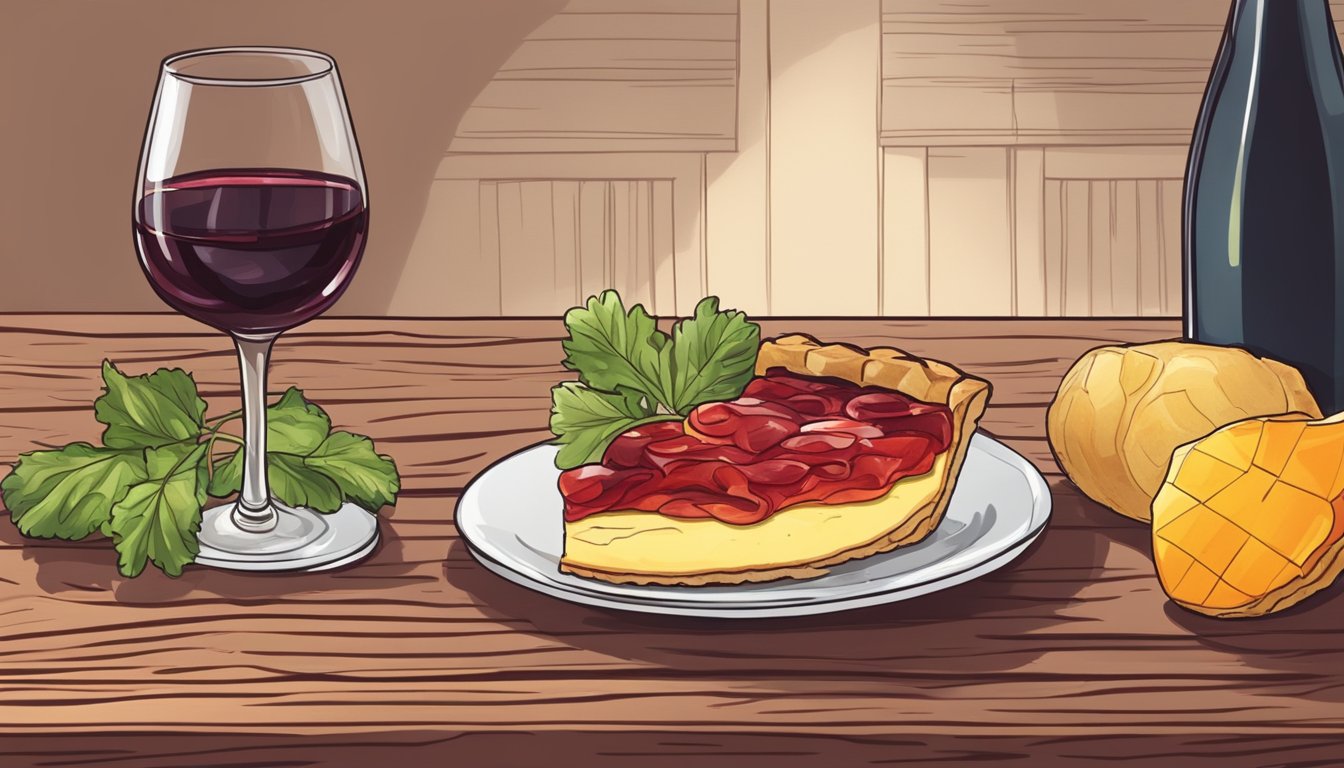 A glass of red wine next to a slice of quiche on a wooden table