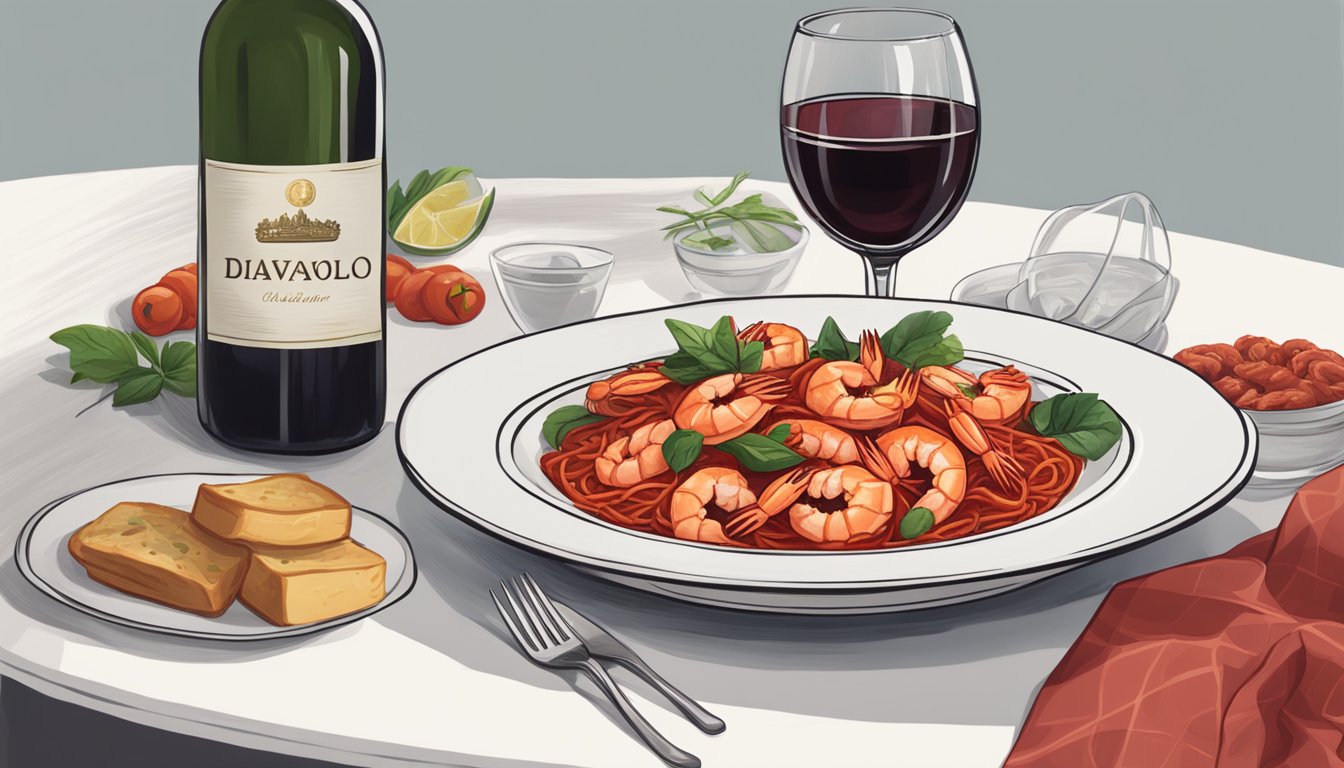 A table set with a steaming plate of shrimp fra diavolo alongside a bottle of red wine