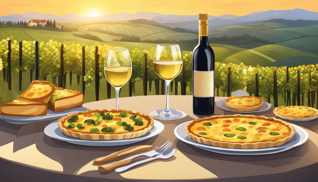 A table set with various quiches and wine glasses, surrounded by vineyards under a golden sunset