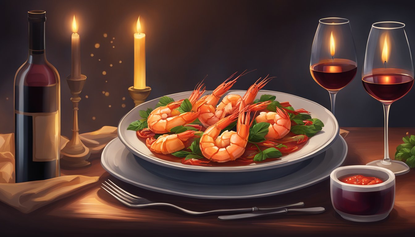 A table set with a steaming plate of shrimp fra diavolo and a bottle of red wine, surrounded by flickering candlelight