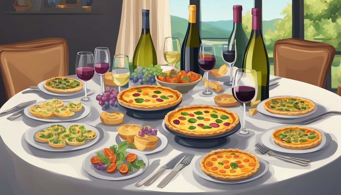 A table set with a colorful array of quiches and various wine bottles, surrounded by elegant wine glasses and decorative napkins