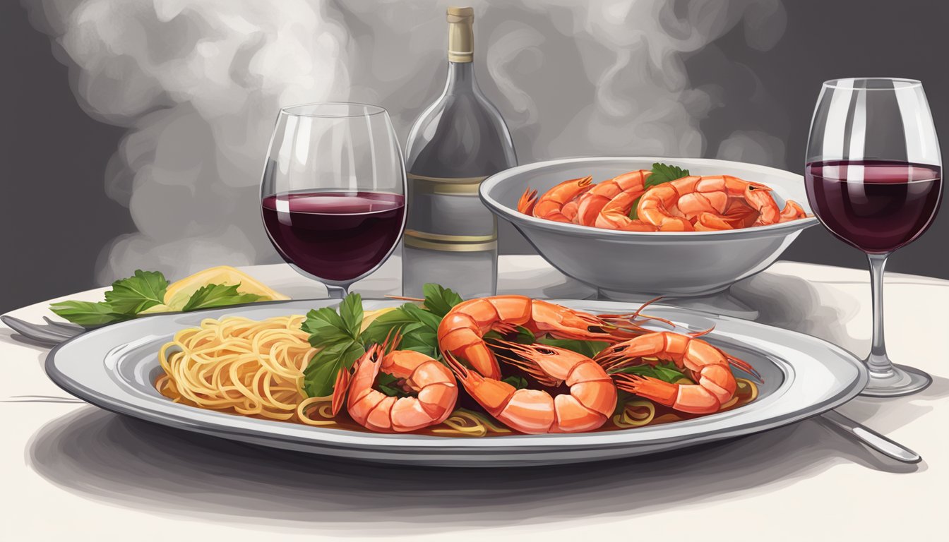 A table set with a steaming plate of shrimp fra diavolo and a bottle of red wine