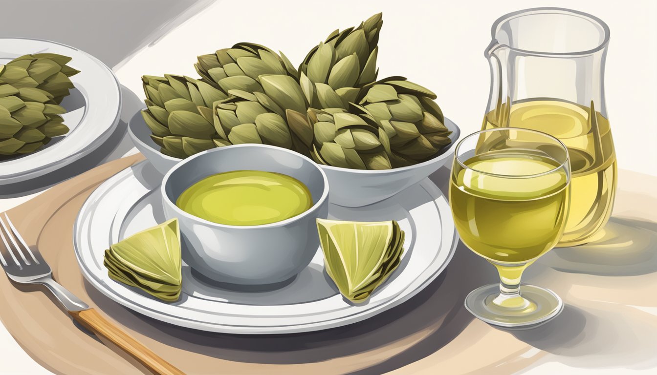 A glass of white wine next to a plate of steamed artichokes with a side of dipping sauce