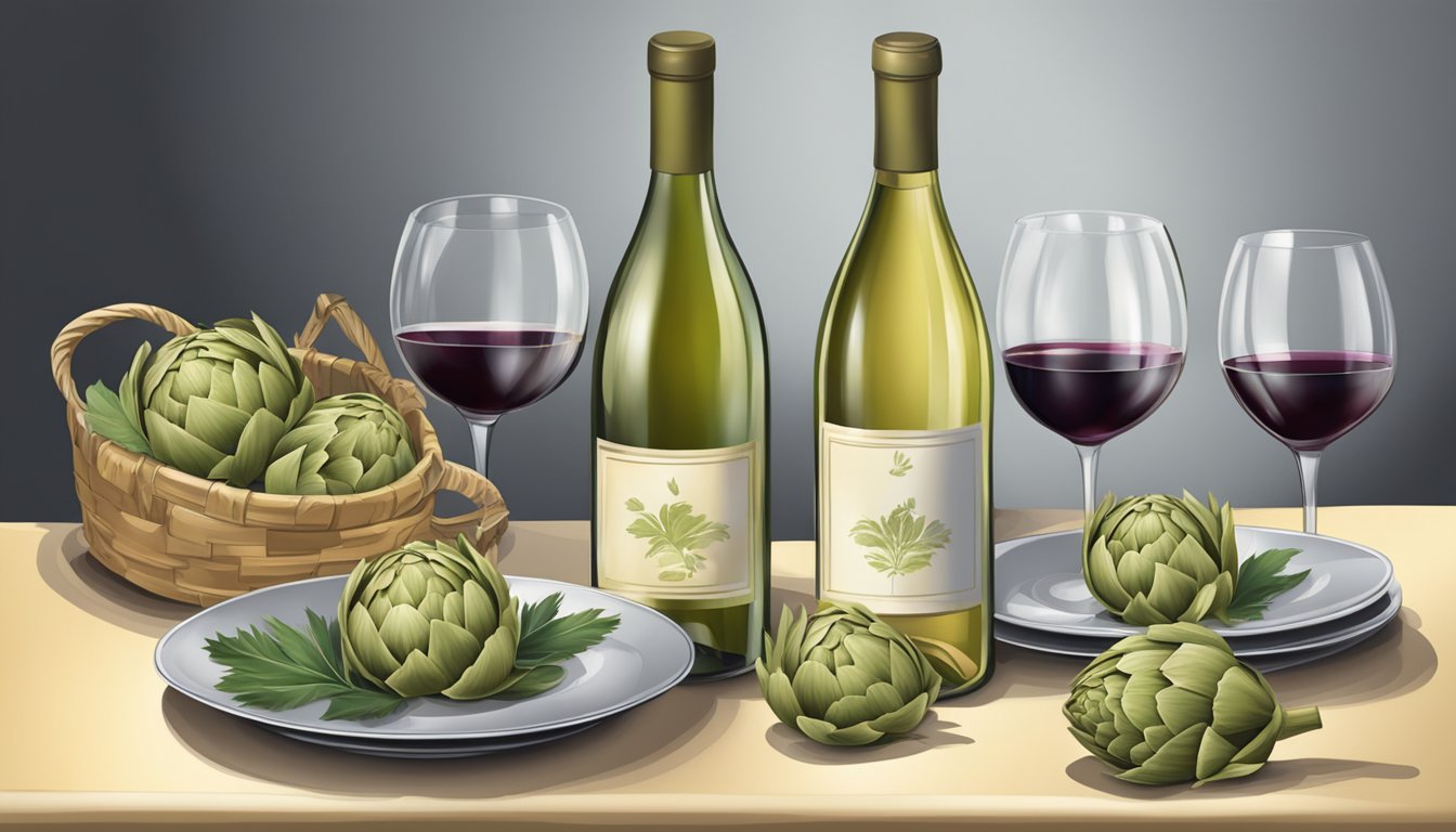 A table set with a bottle of white wine, a plate of steamed artichokes, and a pair of wine glasses