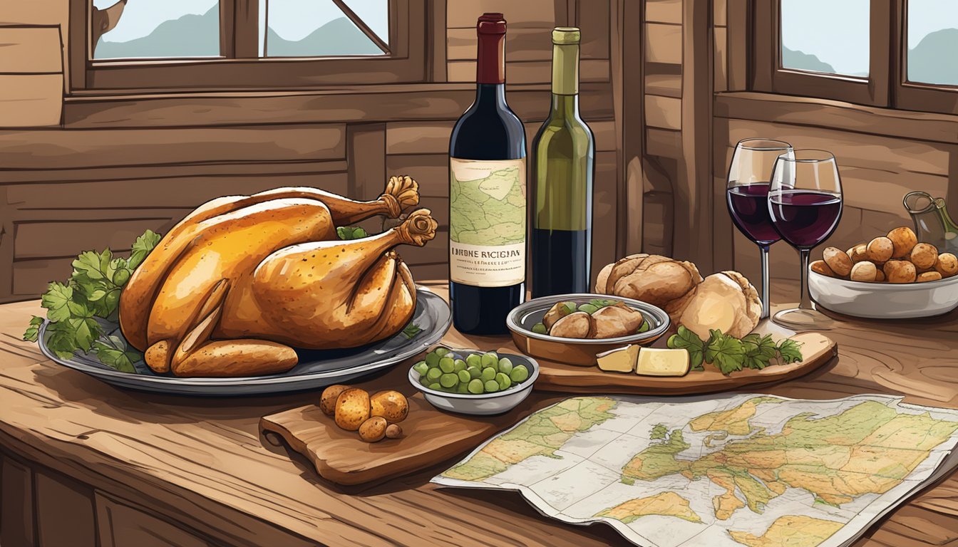 A rustic kitchen table set with a roasted chicken, a bottle of red wine, and a map of wine regions