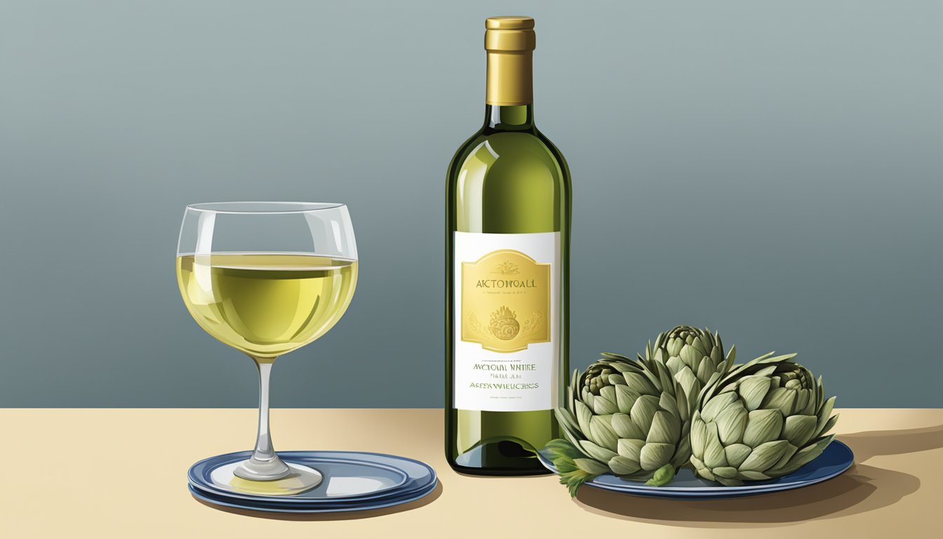 A table set with a bottle of regional white wine, a plate of artichokes, and a glass