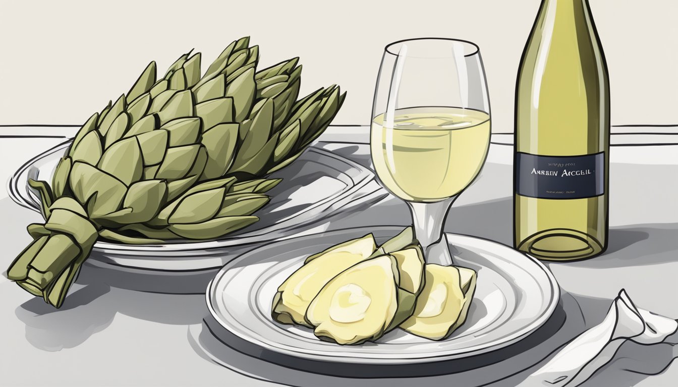 A bottle of white wine alongside a plate of steamed artichokes with a side of creamy aioli