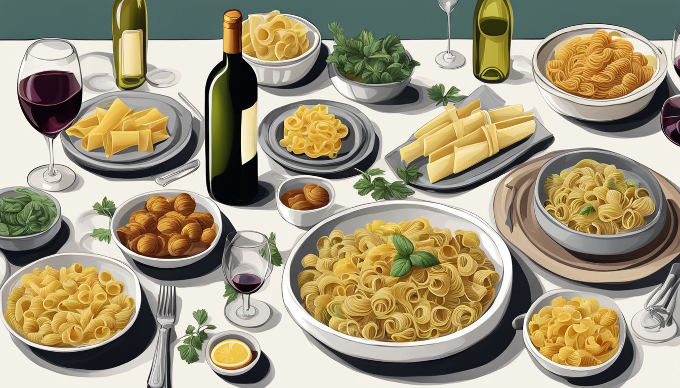 A table set with various pasta dishes and corresponding wine bottles