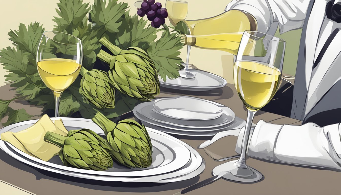 A table set with artichokes and wine, with a sommelier pouring a glass of white wine to pair with the dish