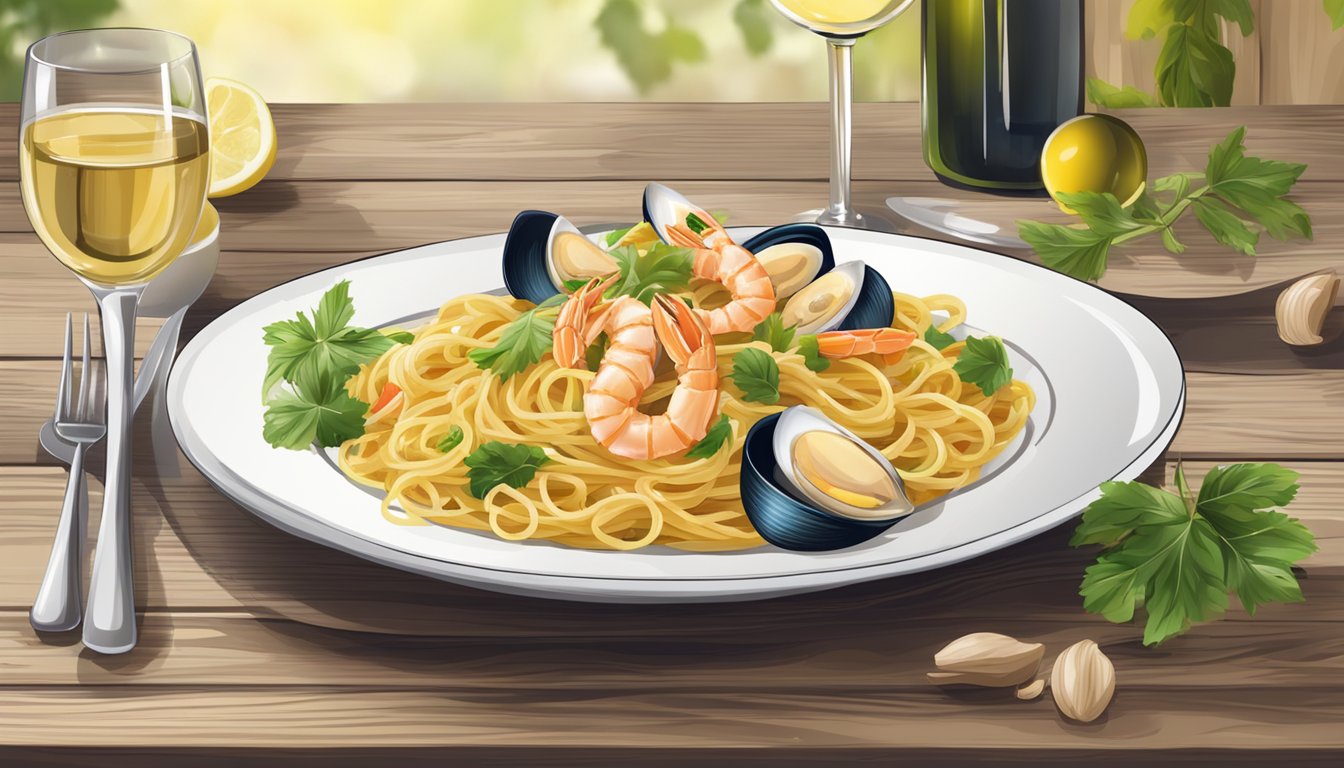 A plate of pasta with seafood paired with a glass of white wine on a wooden table