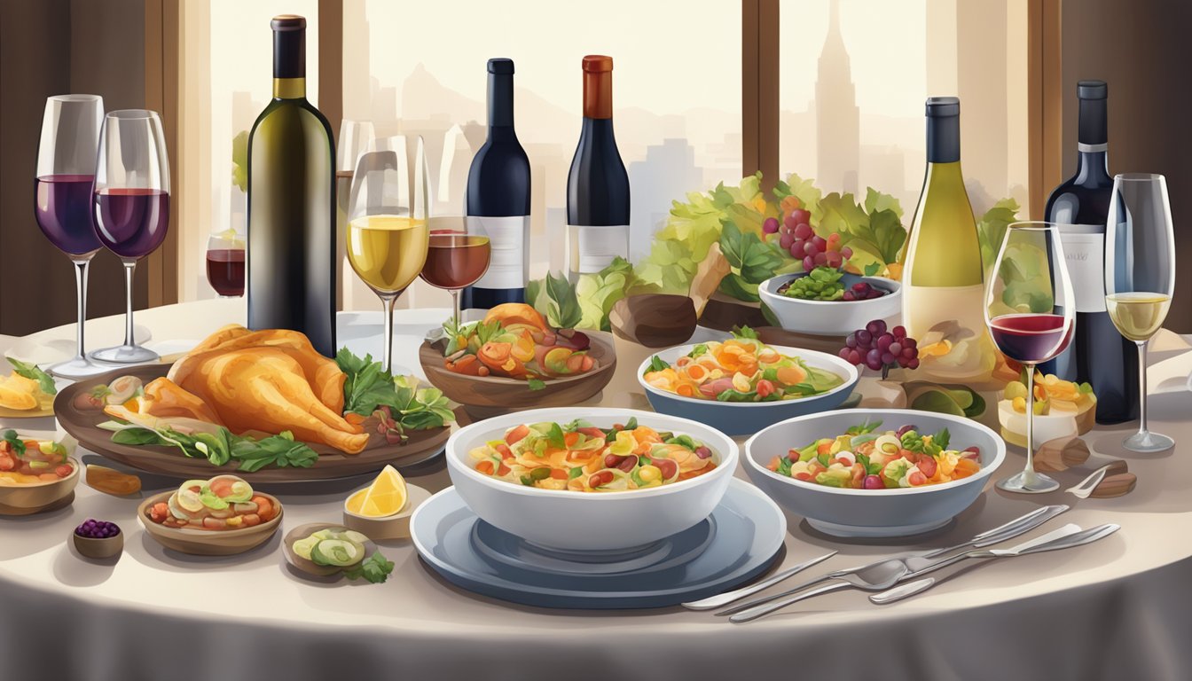 A table set with a variety of rich, fatty dishes alongside an assortment of wine bottles and glasses