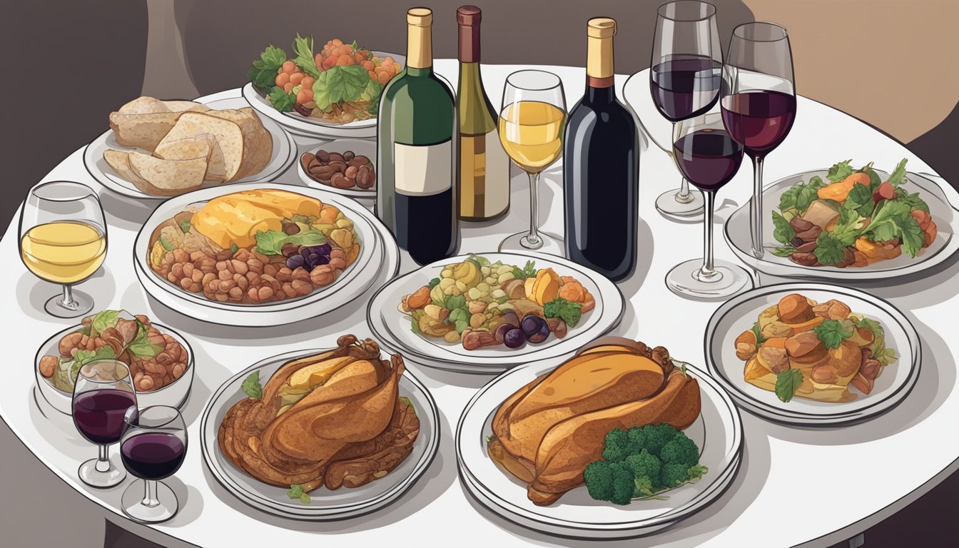 A table set with a variety of rich, fatty dishes alongside different types of wine, with labels indicating the type of fat each dish contains