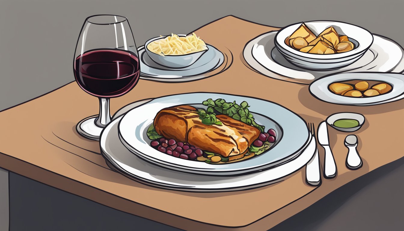 A table set with a rich, fatty dish paired with a glass of full-bodied red wine