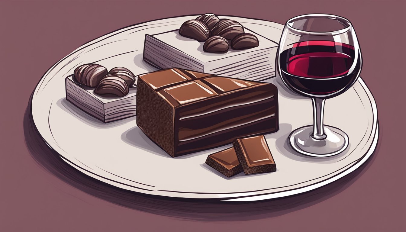 A glass of red wine next to a decadent chocolate dessert on a table