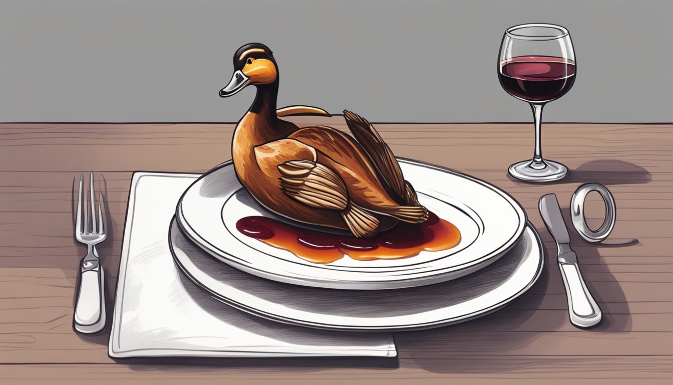 A roasted duck on a white plate with a side of cherry sauce, accompanied by a glass of red wine