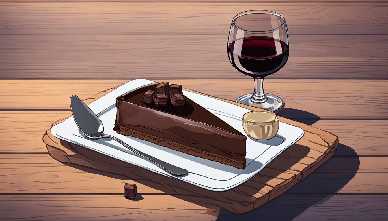 A glass of rich red wine beside a decadent chocolate dessert on a rustic wooden table