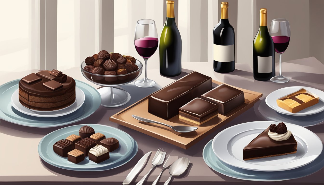 A table set with an assortment of rich chocolate desserts and a selection of wine bottles displayed alongside