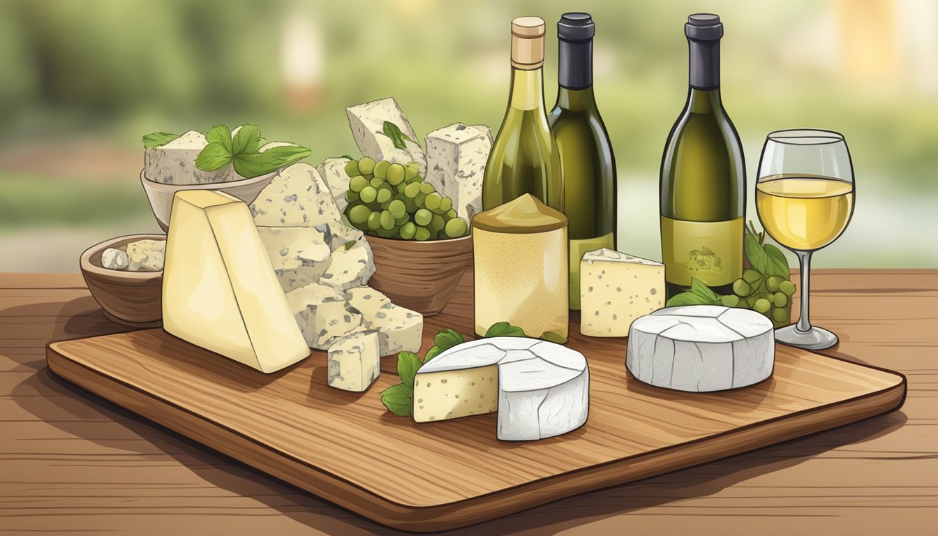 A bottle of white wine next to a platter of fresh cheeses, including mozzarella, goat cheese, and feta, on a wooden serving board