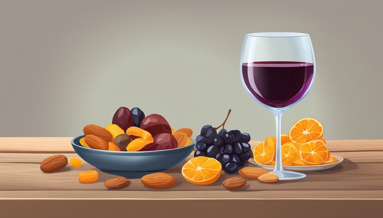 A glass of red wine next to a plate of assorted dried fruits on a wooden table