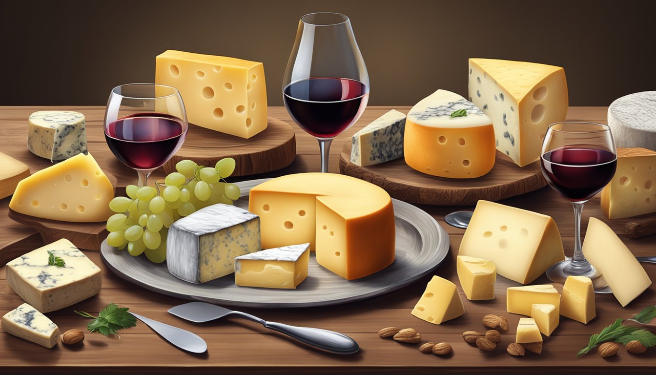 A rustic wooden table with a variety of semi-hard and hard cheeses, accompanied by a selection of red and white wines in elegant glassware